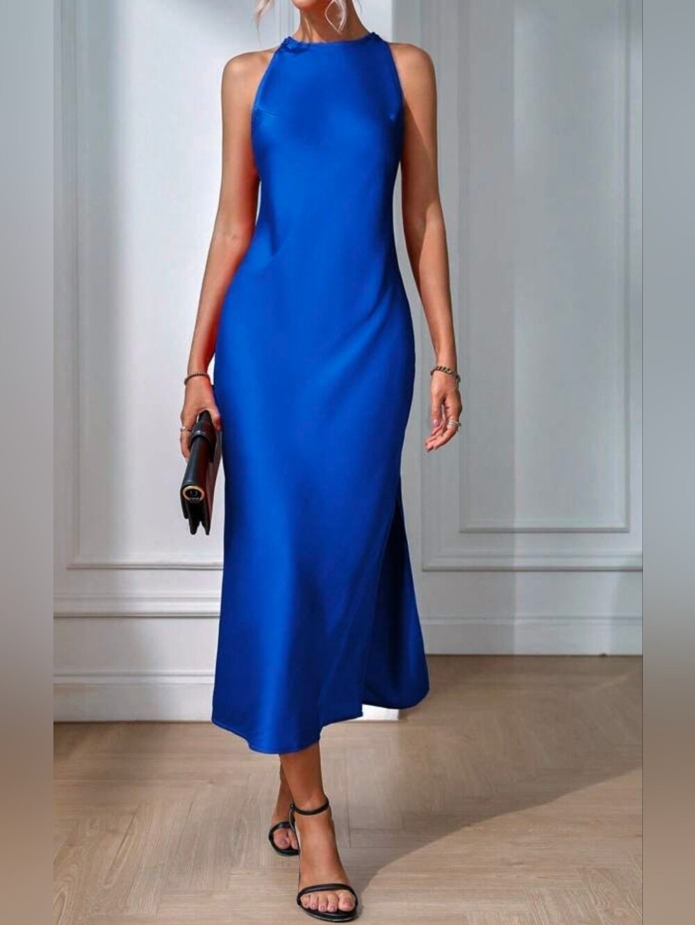 New Chic Satin Halter Long Slip Dress Sleeveless Blue